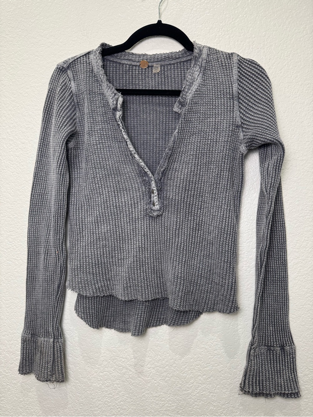 Free People FP One Colt Thermal Womens S Gray Waffle Henley Distressed Boho